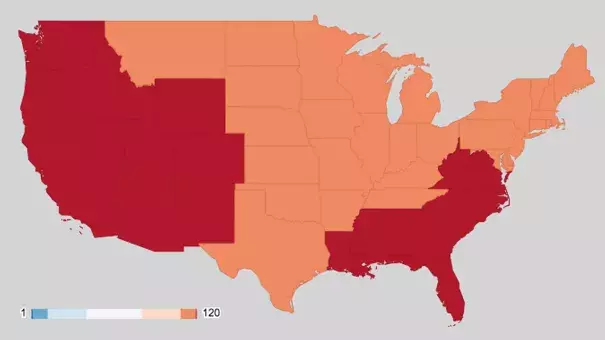 Temperature rankings for the contiguous U.S. during the past 48 months. Image: NOAA/NCEI