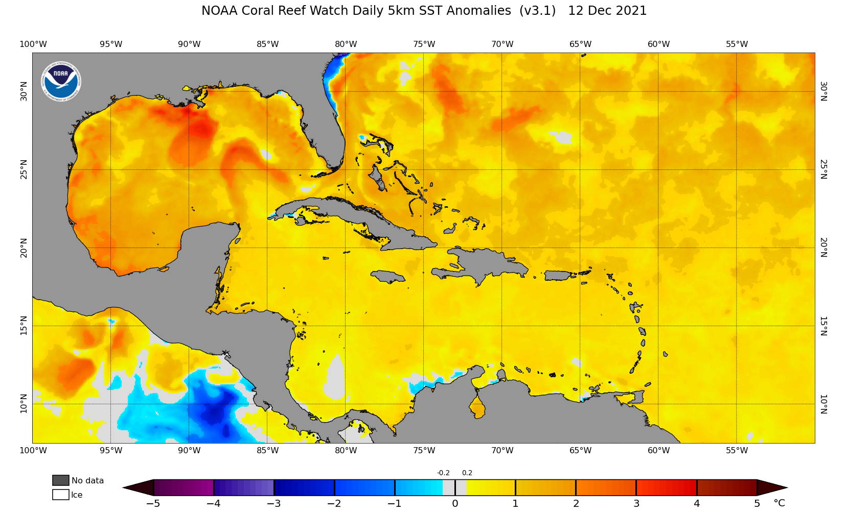 NOAA Coral Reef Watch Daily 5km SST Anomalies, Dec 10, 2021.