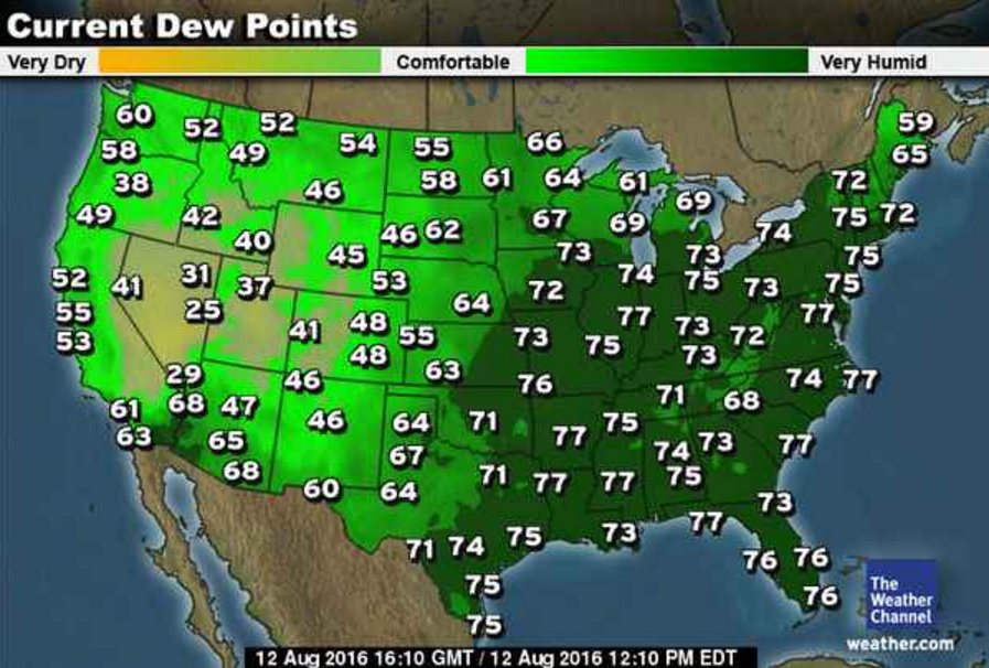 Current Dew Point Map Map: Dew Points On August 12, 2016 | Climate Signals