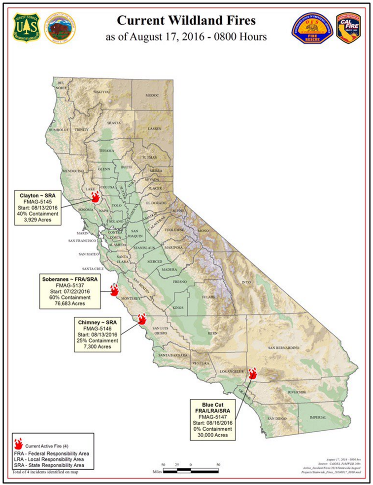 Map: Blue Cut Fire more typical of Fall wildfires, driven by Santa Ana ...