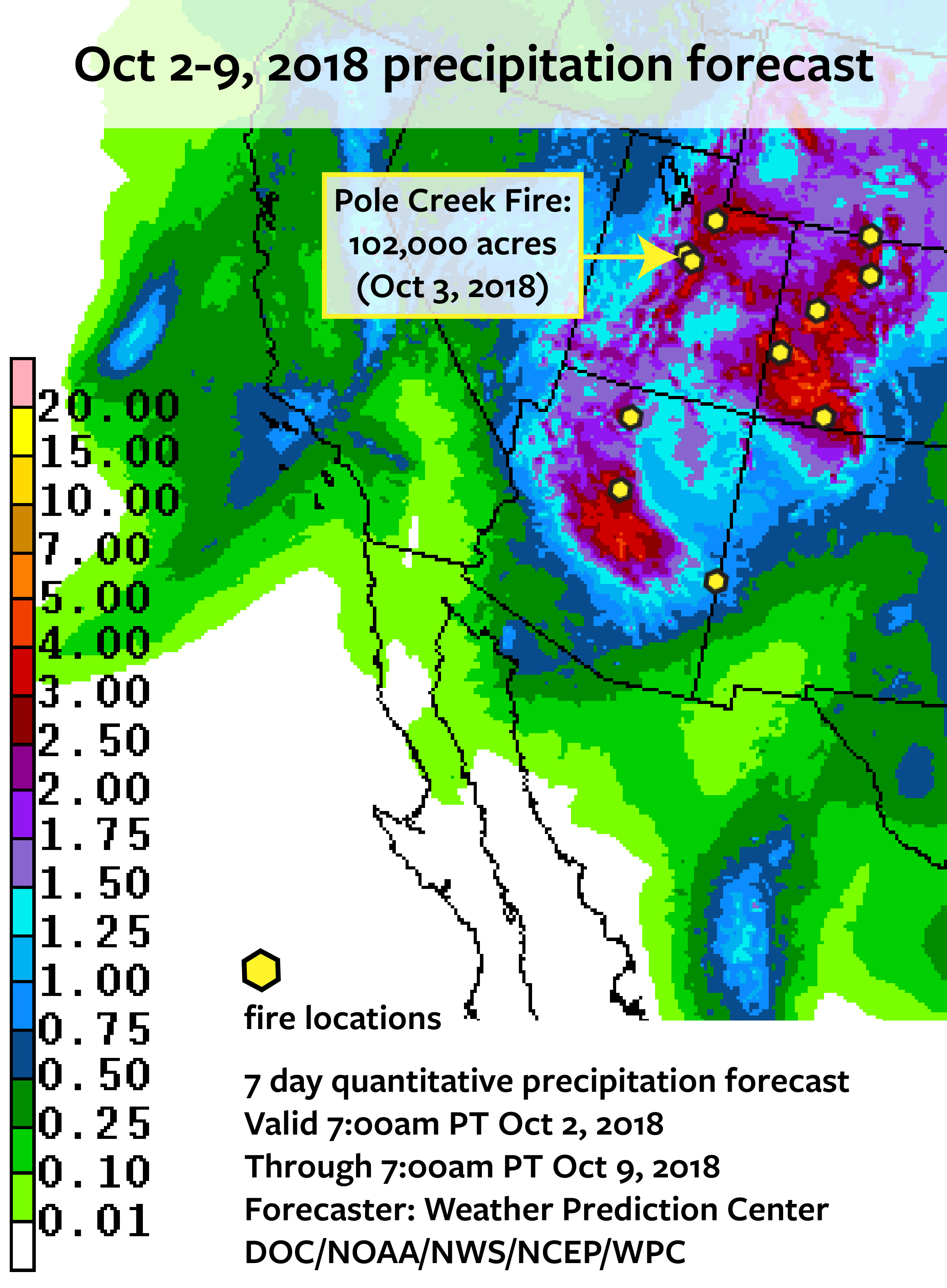 Map: Wildfires and Oct 2-9, 2018 precipitation forecast | Climate Signals 