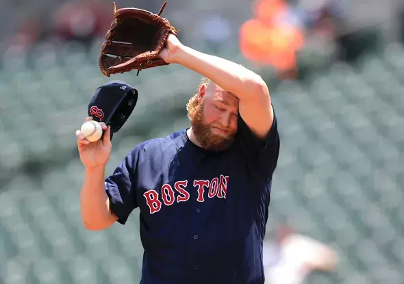 Boston Red Sox starting pitcher Andrew Cashner wipes sweat off his forehead on Sunday in Baltimore, where the National Weather Service says there is an "oppressive and dangerous" heat wave. Credit: Julio Cortez, AP