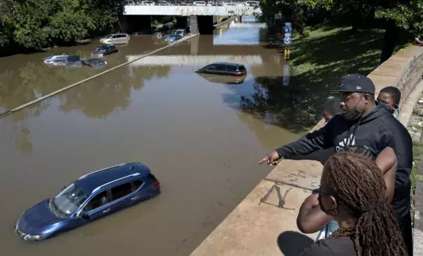 Cars and trucks are stranded by high water Thursday, Sept 2, 2021, on the Major Deegan Expressway in Bronx borough of New York as high water left behind by Hurricane Ida still stands on the highway hours later.