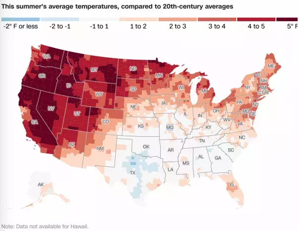 Summer 2021 average temperatures in the U.S., compared to 20th-century averages