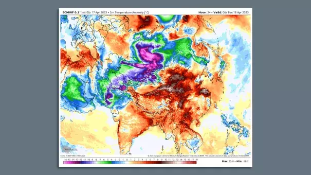 Temperature departures from average in degrees Celsius on April 18, as shown by the European model. (Credit: Weatherbell.com via Axios)