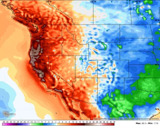 24-hour temperatures compared with normal, centered on today and in degrees F. Credit: WeatherBell