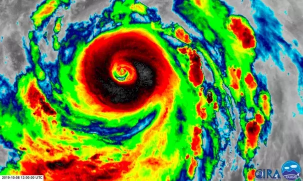 Super Typhoon Hagibis on Tuesday morning. The old eye is nestled within the new, larger structure. Image: CIRA/RAMMB