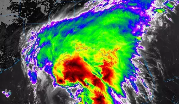 Infrared GOES-16 satellite image of Tropical Storm Cindy as it approached the U.S. Gulf Coast at 12:52 pm EDT Tuesday, June 20, 2017. Showers and thunderstorms are concentrated on the northeast side of Cindy’s broad center, with almost none on the southwest side. GOES-16 satellite images are preliminary and non-operational. At the time of this image, Cindy was classified as Potential Tropical Cyclone 3. Photo: College of DuPage
