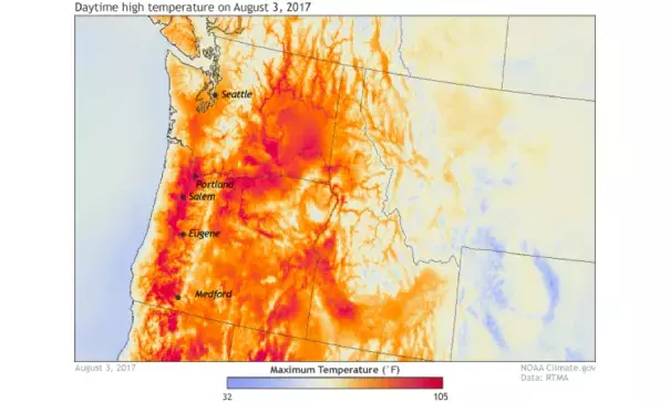 Daytime high temperatures across the Pacific Northwest United States on August 3, 2017. Image: NOAA Climate.gov; data from NOAA’s Real-Time Mesoscale Analysis (RTMA)