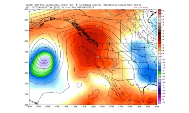 European model simulation of heat dome over Pacific Northwest Thursday. Image: WeatherBell.com