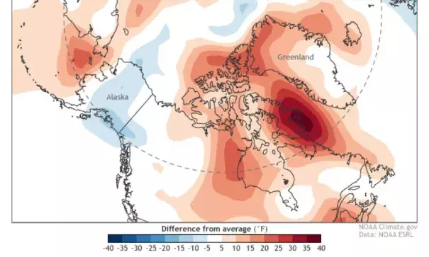 Surface temperature over the Arctic and surrounding landmasses on February 28, 2018, compared to the 1981–2010 average. Areas that were up to 40 degrees warmer than average are in shades of orange and red. Cooler-than-average areas appear in shades of blue. Image: NOAA Climate.gov, based on NCEP/NCAR Reanalysis data from NOAA ESRL Physical Sciences Division