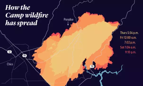 The Camp fire, based on the latest USGS data available early Monday morning. Image: Sara Chodosh