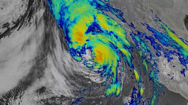 Combined visible/infrared satellite image of Hurricane Hilary at 12:30 p.m. EDT August 19, 2023. (Image credit: NOAA via Yale Climate Connections)