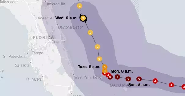 Note: Areas shown as likely to receive tropical-storm-force winds have a 50 percent or higher chance of experiencing wind speeds of at least 39 miles per hour. Image: The New York Times