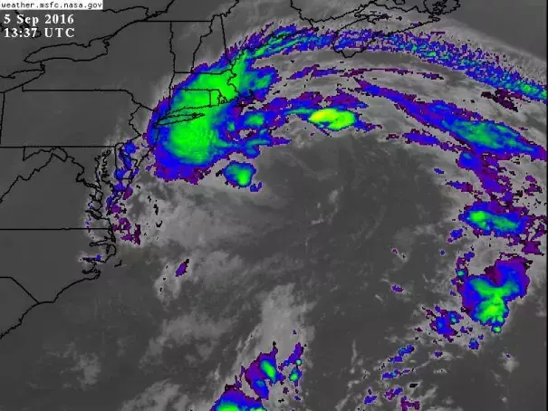 Infrared satellite image of Hermine as of 1337Z (9:37 am EDT) Monday, September 5, 2016. The brightest colors correspond to the coldest (highest) cloud tops, although few of these clouds were producing rainfall over New England except for southeast Massachusetts. Image: NASA/MSFC Earth Science Office