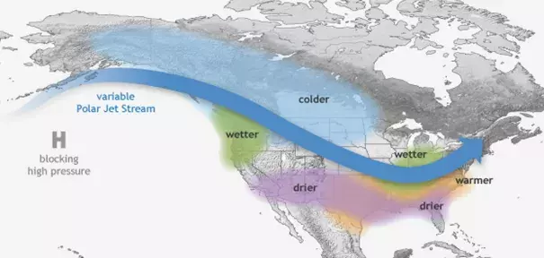 The weather pattern known as La Niña brings wetter weather to the Pacific Northwest but drier conditions to Southern California. Image: National Oceanic and Atmospheric Administration