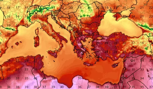 Scorching temperatures affected much of the eastern Mediterranean on Saturday, May 13, 2017. Shown here in degrees C are readings analyzed for 1200Z Saturday (3 PM local time in Athens, Greece). Image: tropicaltidbits