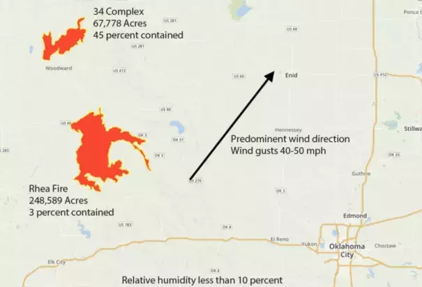 Wildfire situation in northwest Oklahoma on Tuesday. Image: Weather Underground, Angela Fritz