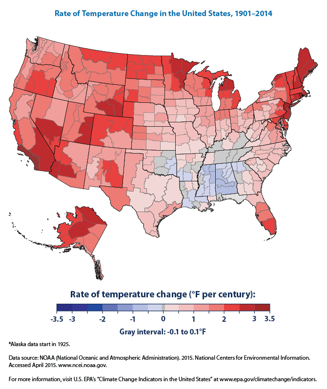 Map: Rate of Temperature Change in the United States, 1901-2014 ...